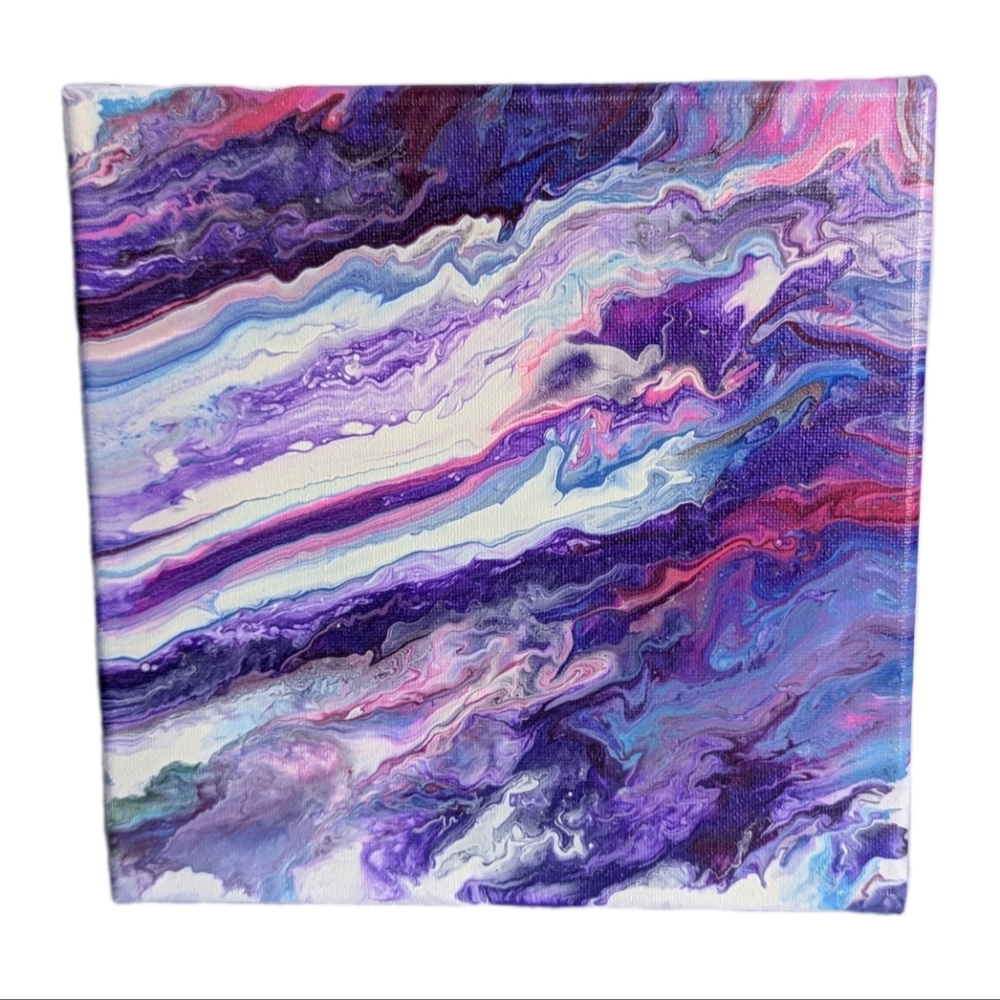 Abstract Fluid Pour Painting 8" X 8" Canvas Home Decor Art Purple Pink Blue Wave